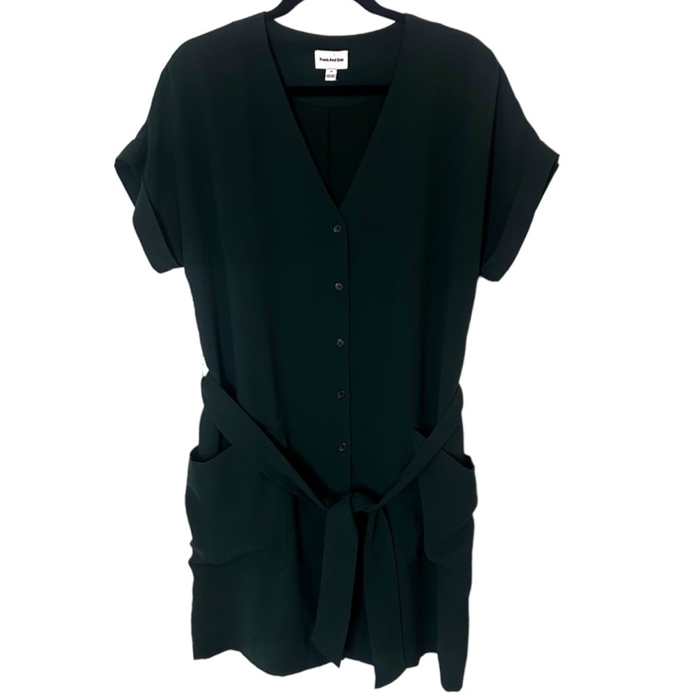 Frank And Oak GREEN Button Down Short Sleeve Mini Dress with Front Tie